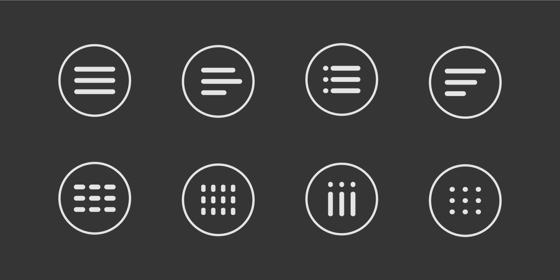 Menu for apps and web Hamburger Menu dropdown in circle. Set interface icons, popup bar, template. Application list burger button vector