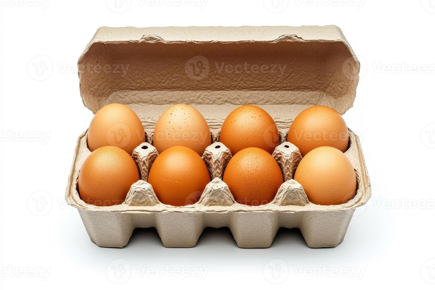 An open egg box containing ten brown eggs is isolated on a white background, emphasizing fresh organic chicken eggs stored in a carton pack with ample copy space provided. photo