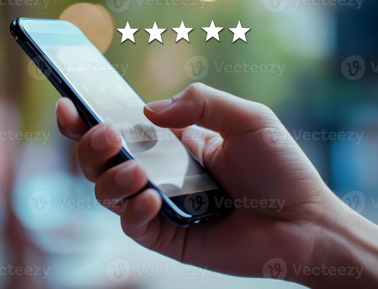 person holding smartphone displaying five stars icons illustrating feedback concept, user rating app experience, digital technology interaction photo