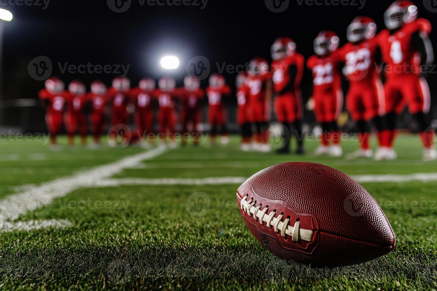 Close up of American Football on Field and blur American Football Players background. photo