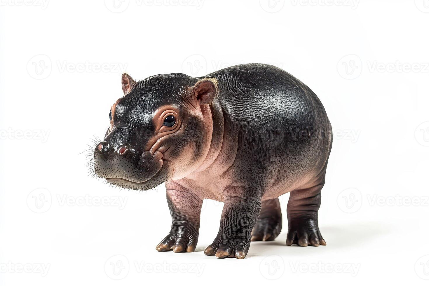 a baby pygmy hippo who standing on isolated white background. photo