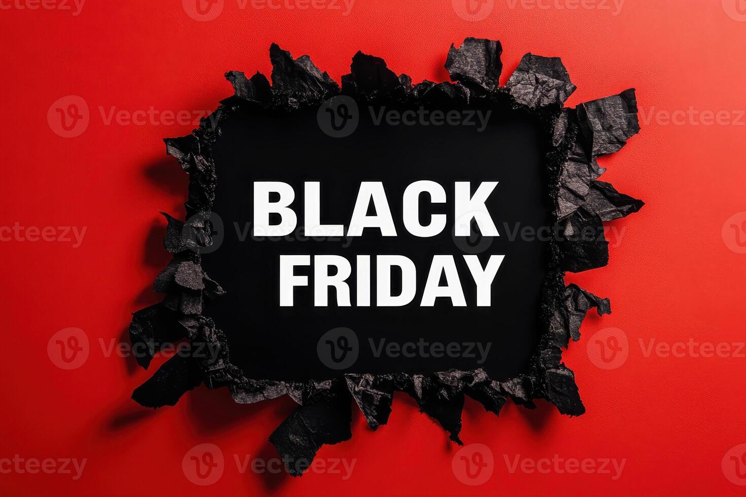 Black torn paper and the text black friday on a red background. Black Friday composition. photo