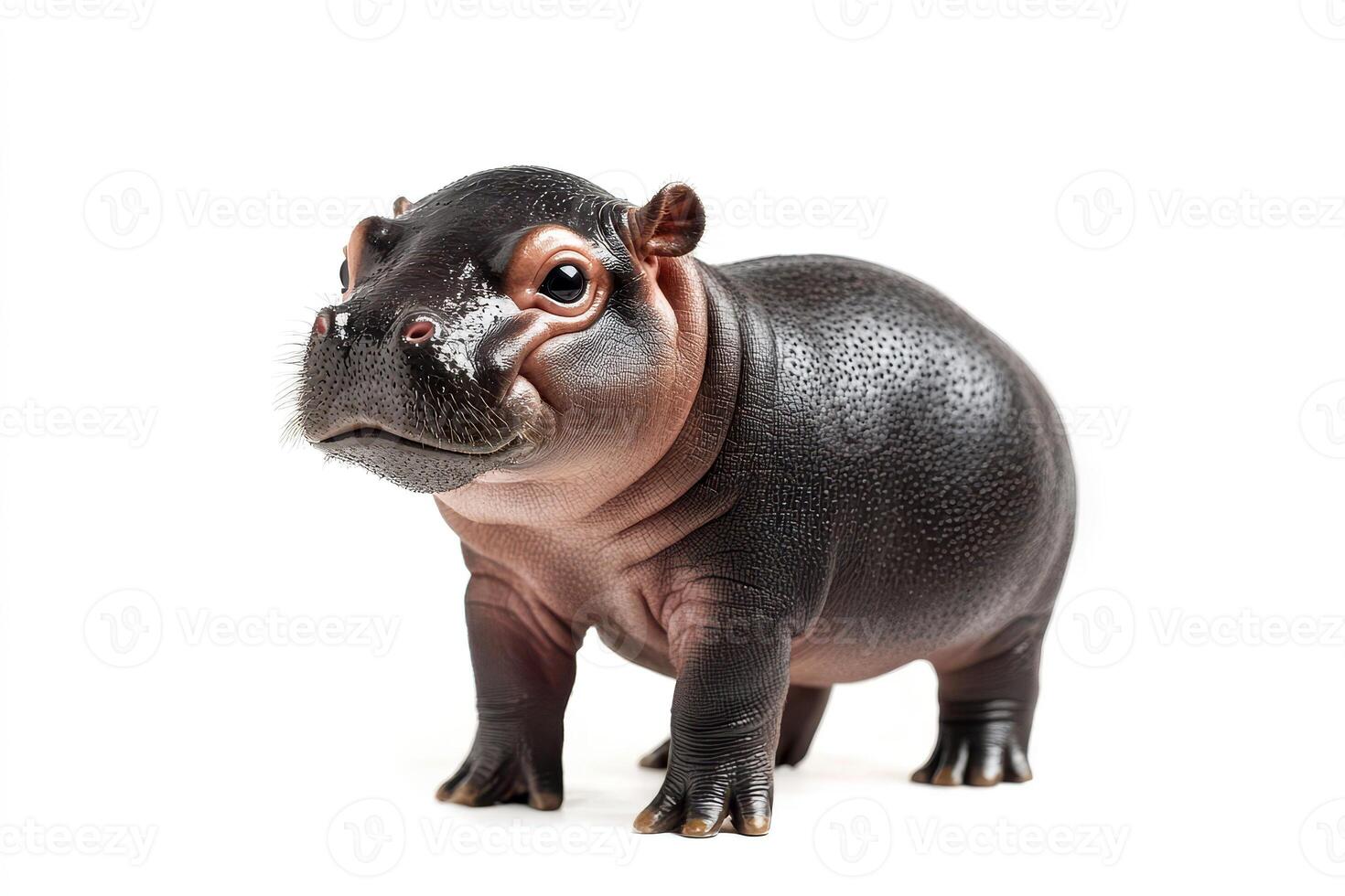 a baby pygmy hippo who standing on isolated white background. photo