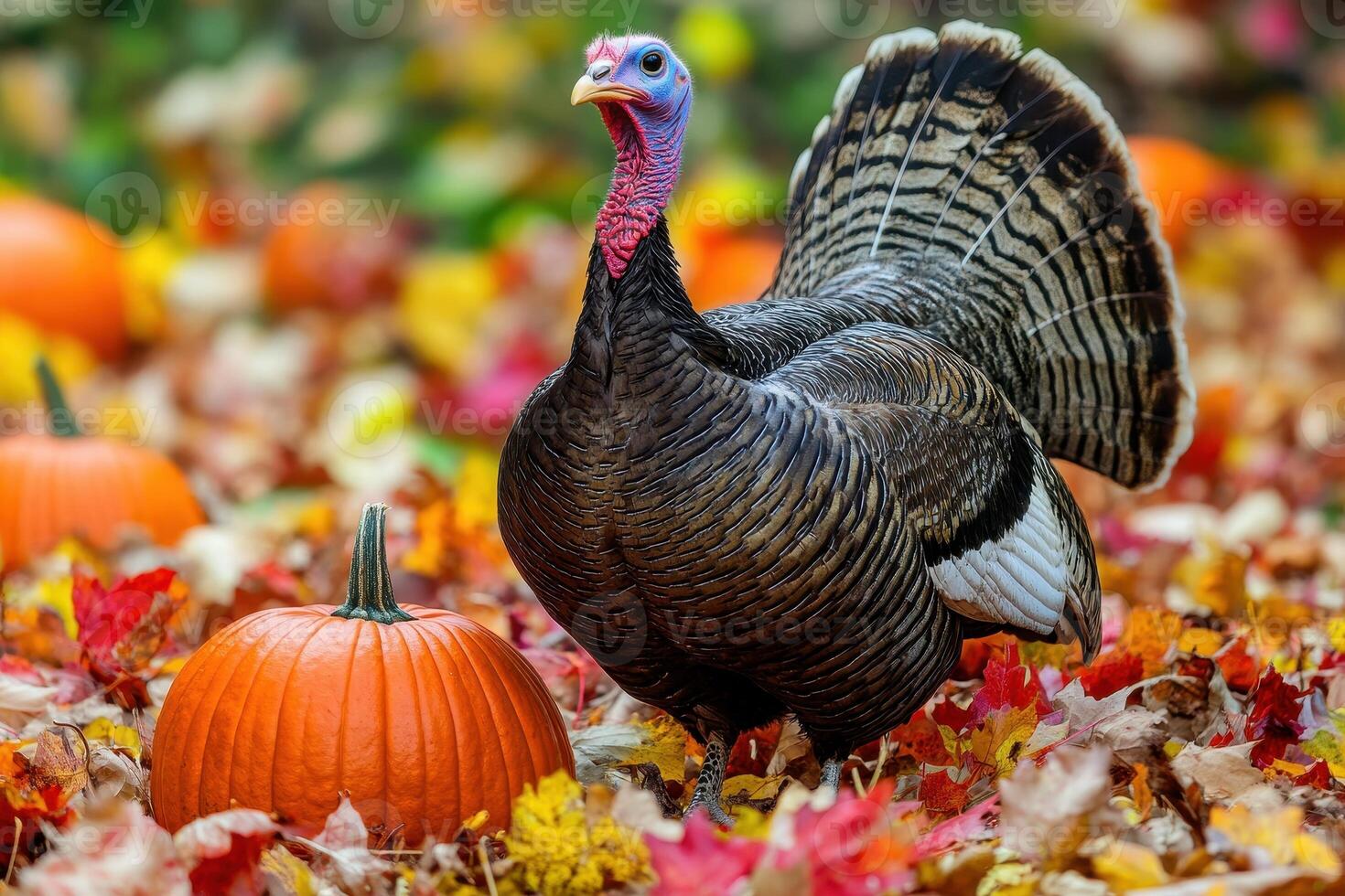 Thanksgiving turkey with autumn leaves and pumpkins. photo