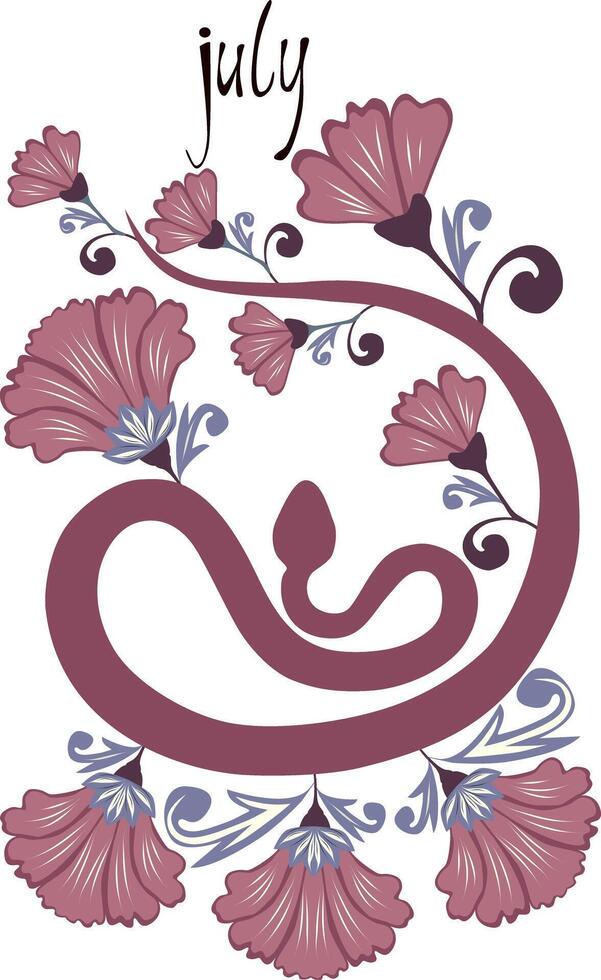 Snake in beautiful flowers, print for calendars. Snake poster with lettering of month name. Poster with Year of the Snake 2025. vector