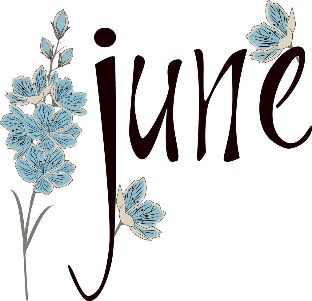 Set Lettering of Month. Handwritten modern black outline. English name of the month year june. vector