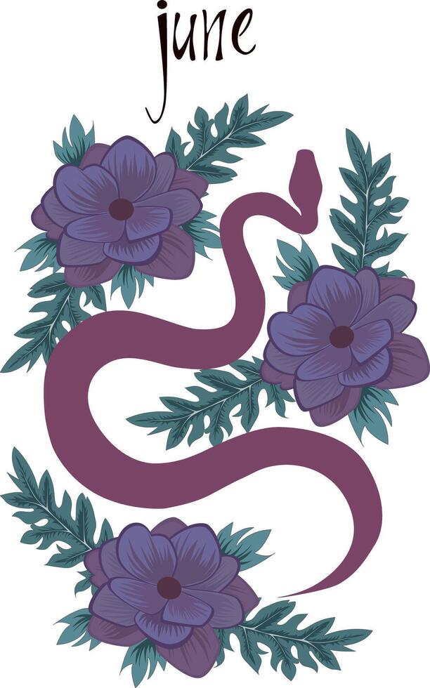 Snake in beautiful flowers and leaves, print for calendars. Snake poster with lettering of month name. Poster with Year of the Snake 2025. vector