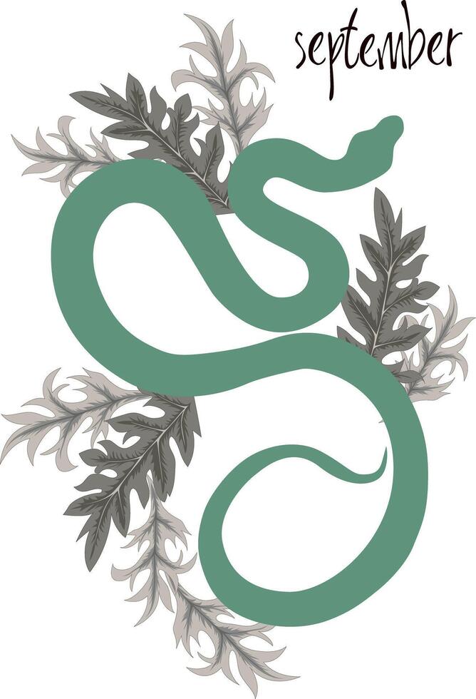 Green snake in leaves, print for calendars. Snake poster with lettering of month name. Poster with Year of the Snake 2025. vector