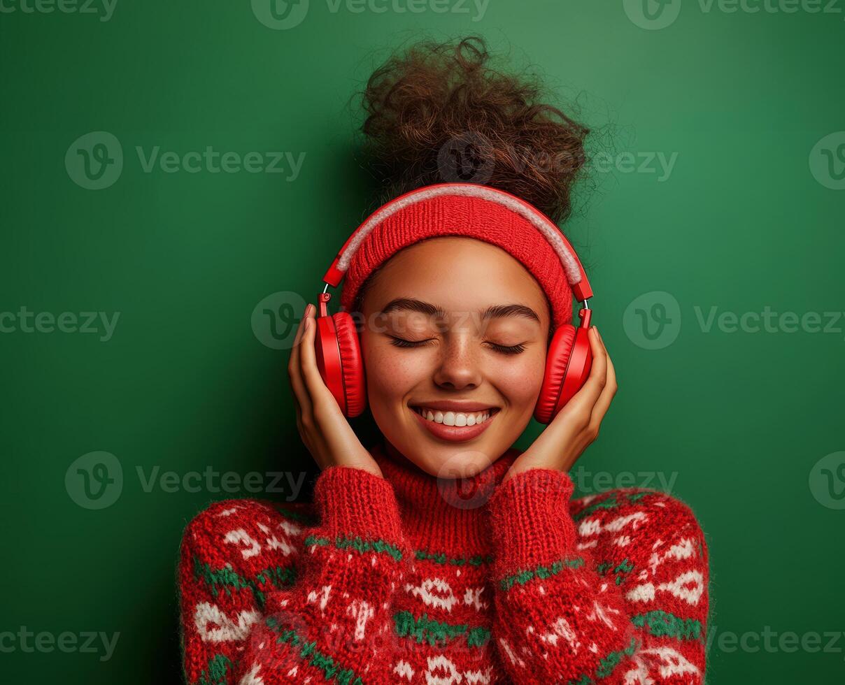 Young black woman with Christmas hat smiling and enjoying music with wireless headphones on a green background photo