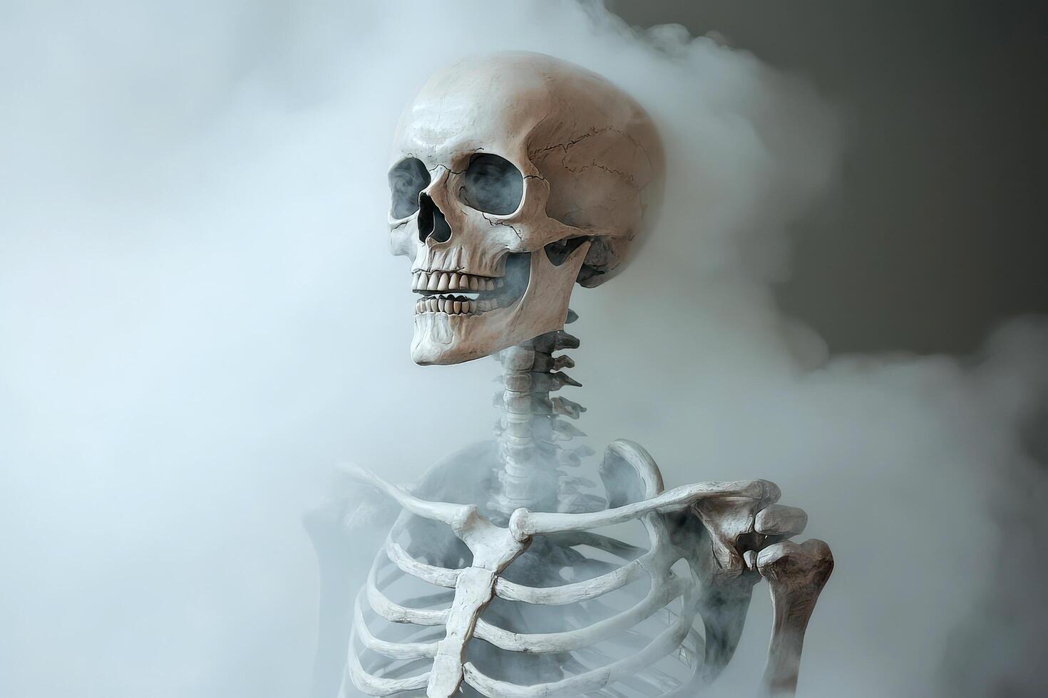 Foreboding skeleton amidst swirling smoke, symbolizing the elusive pursuit of understanding autoimmune disease origins in a hazy. photo