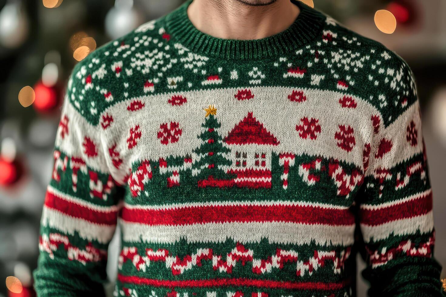 man wearing Christmas ugly sweater isolated background. photo