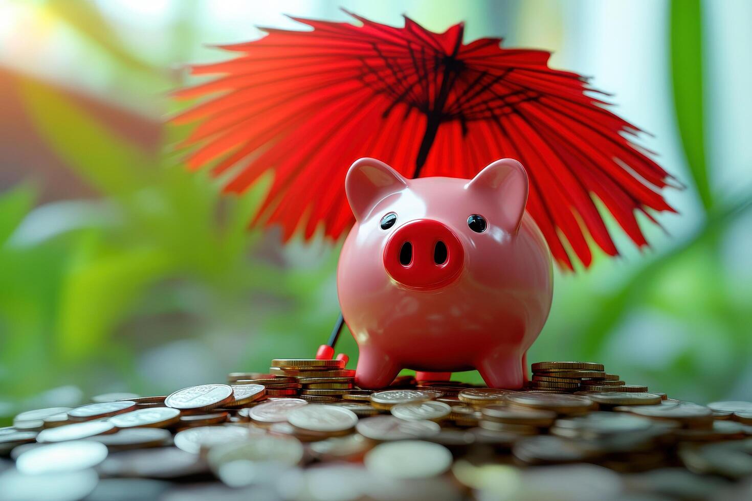 A pink piggy bank under a red umbrella, standing on a pile of coins. illustrating financial protection concept photo