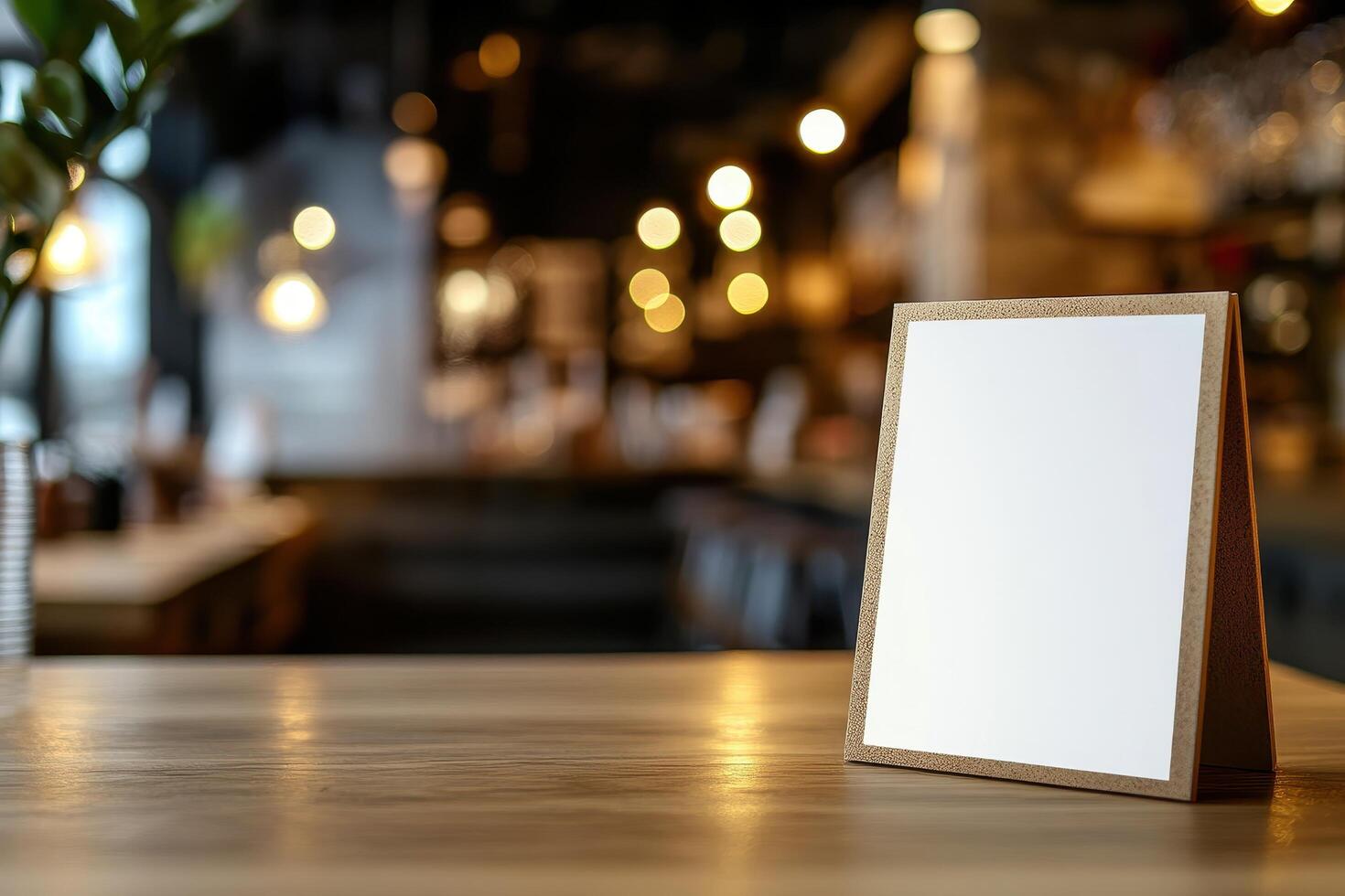 Mock up Menu frame on Table in Bar restaurant Stand for booklets with white sheets of paper acrylic tent card on cafeteria blurred background . photo