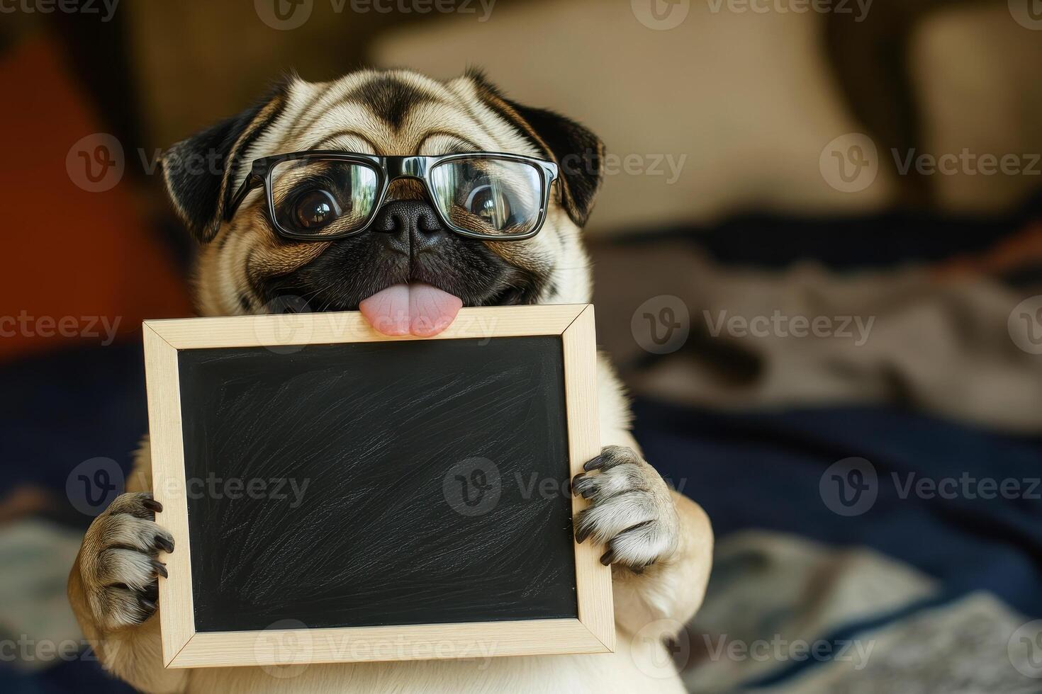 a curious pug wearing glasses to hold empty clean sign black board with copy space photo