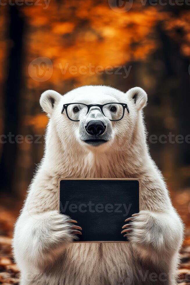 a curious polar bear wearing glasses to hold empty clean sign black board with copy space autumn. photo