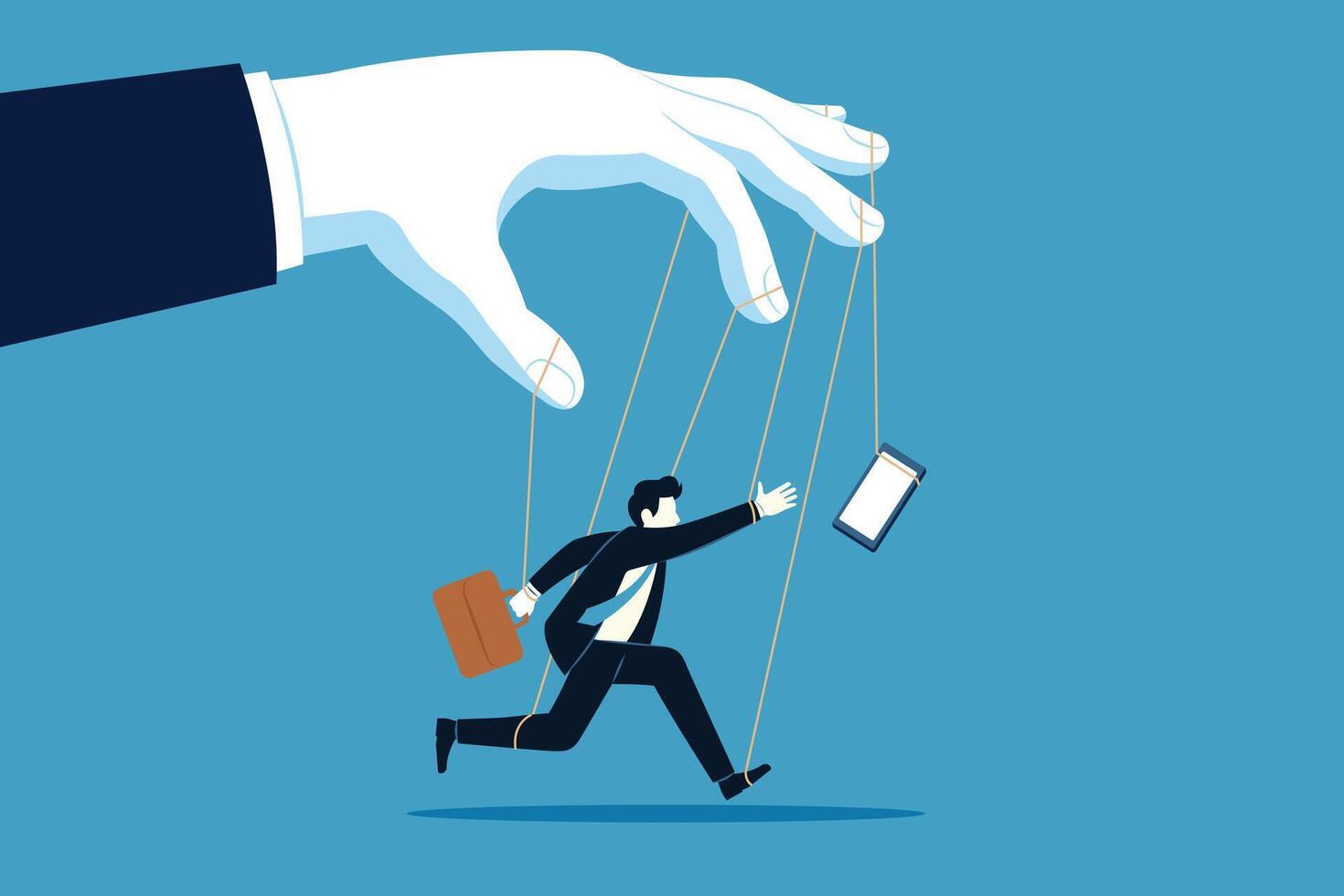 Big hand controlling businessman like a puppet. Smartphone addiction concept illustration vector