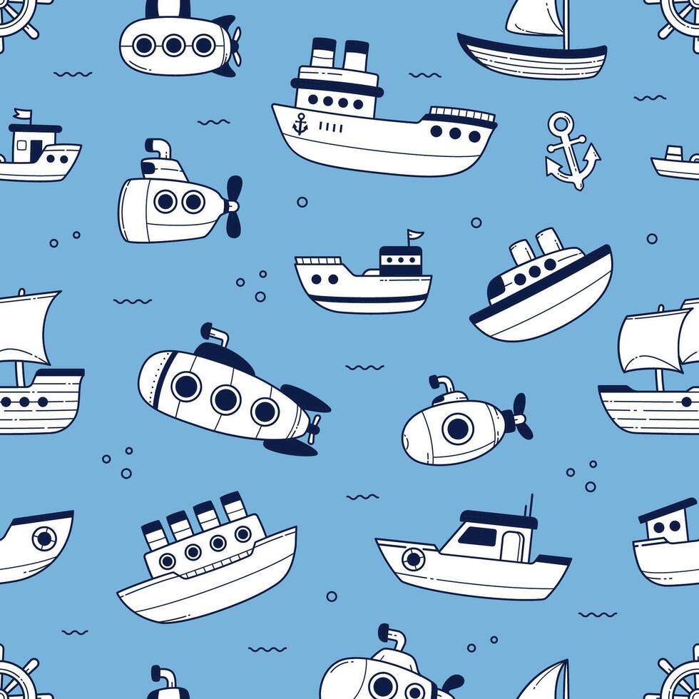 Ship and submarine doodle seamless pattern background wallpaper vector