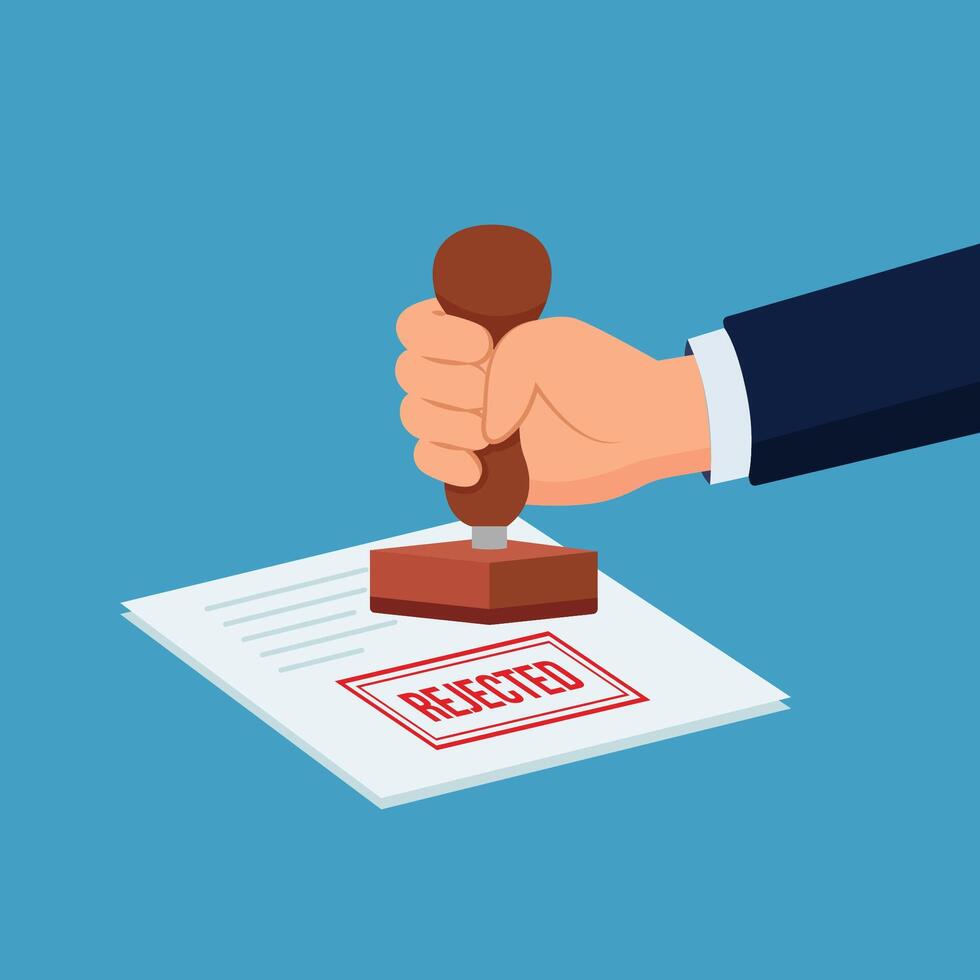 Hand is stamping a red seal that says rejected flat illustration vector