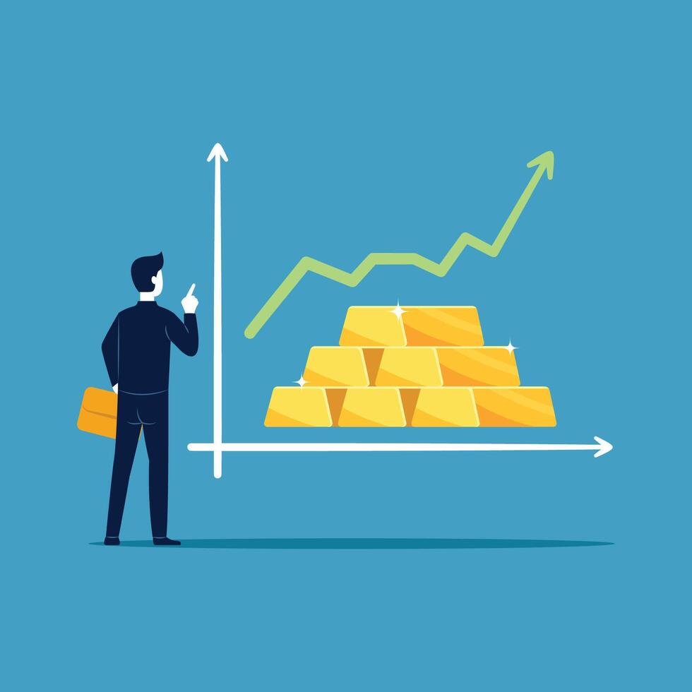 Businessman investor with gold bullion rising up graph and chart vector