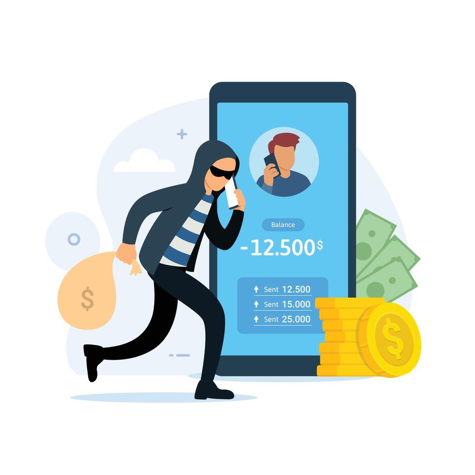 Scammer thief stealing money from mobile banking app flat illustration vector