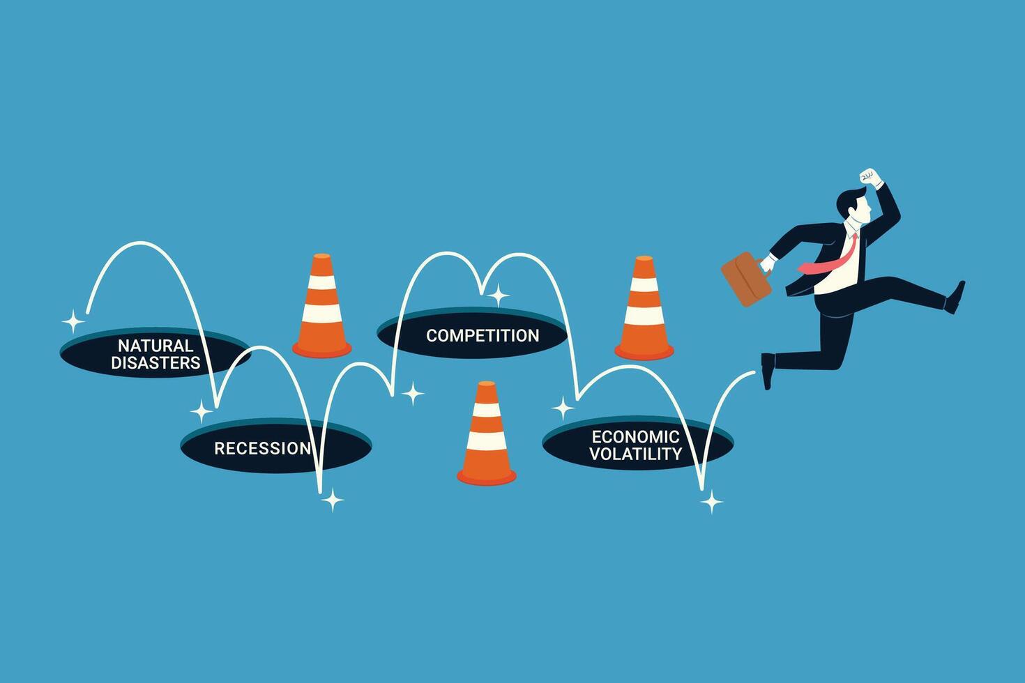 Businessman jump pass many pitfalls metaphor threats and challenges in business vector