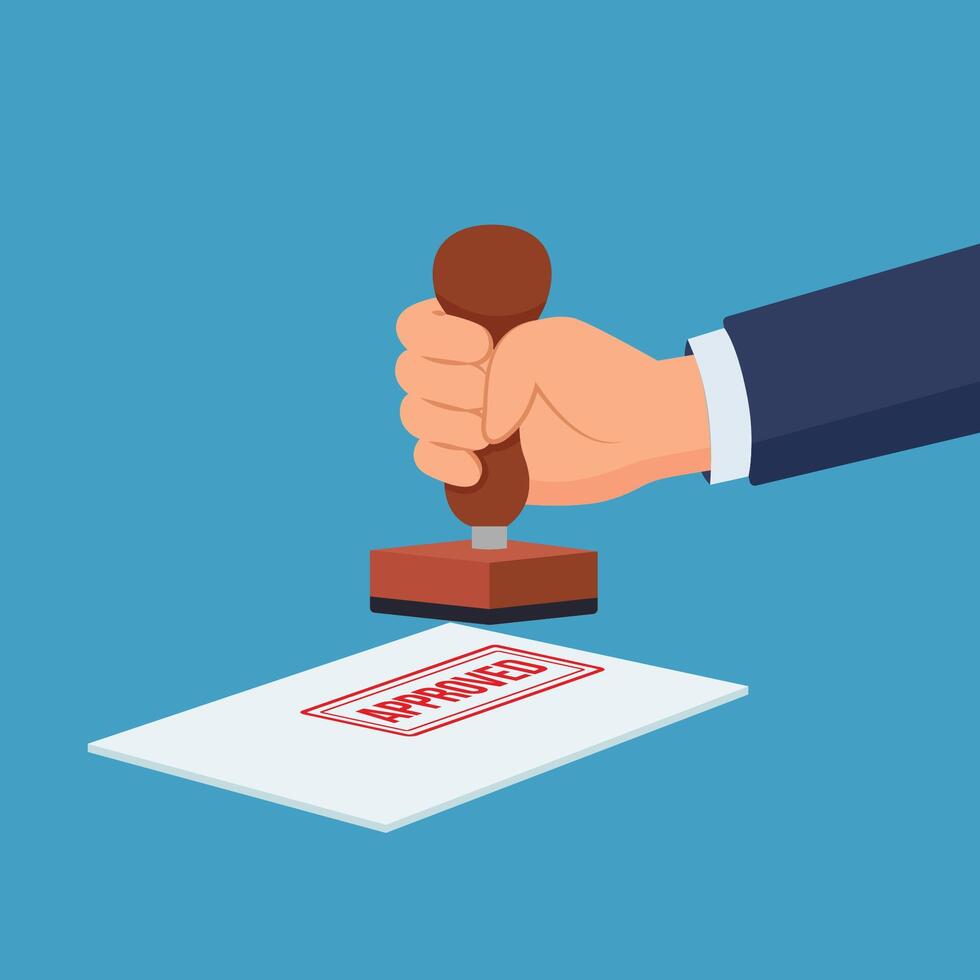 Hand is stamping a red seal that says approved flat illustration vector