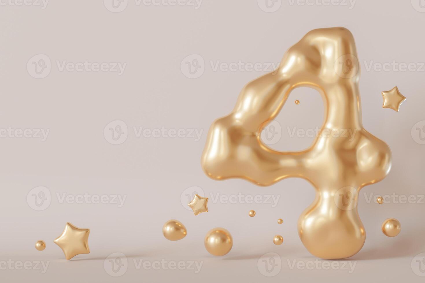 Golden liquid number 4 with droplets and stars on beige background. Elegant fluid, luxurious metallic surface. Numeral four. Flowing molten gold. Fourth birthday, business anniversary. Copy space. 3D. photo