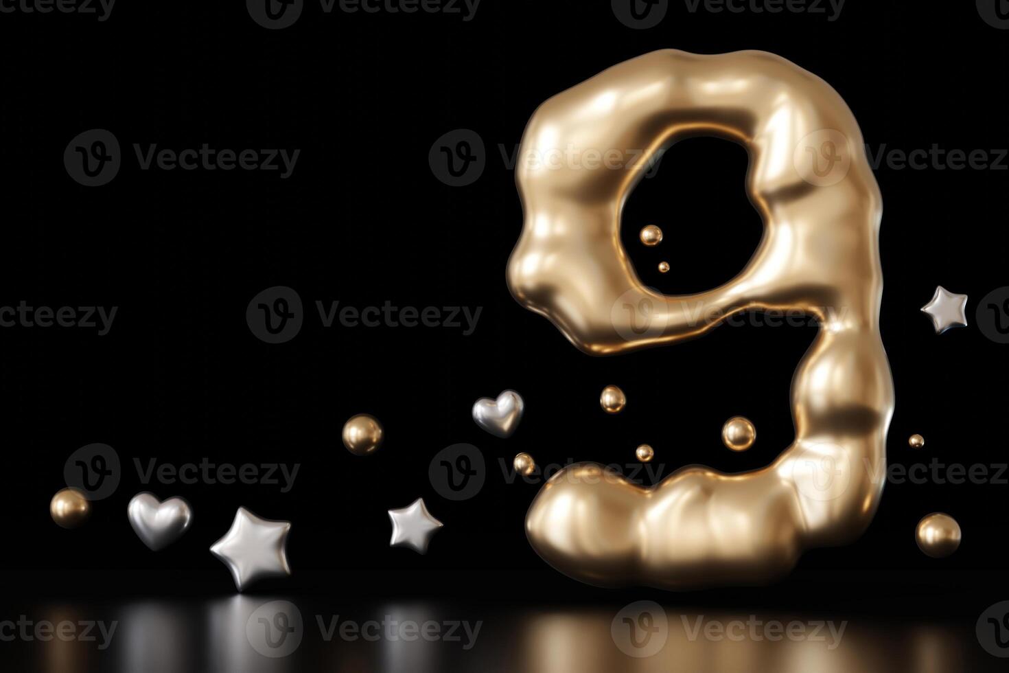 Golden liquid number 9 with droplets and stars on black background. Elegant fluid, luxurious metallic surface. Numeral nine. Flowing molten gold. Ninth birthday, business anniversary. Copy space. 3D. photo