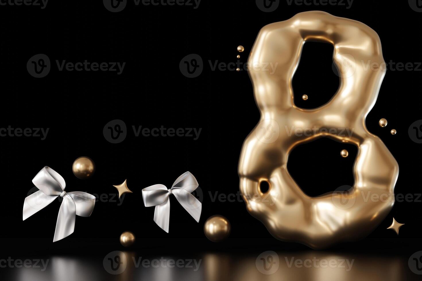 Golden liquid number 8 with bows and stars on black background. Elegant fluid, luxurious metallic surface. Numeral eight. Flowing molten gold. Eighth birthday, business anniversary. Copy space. 3D. photo
