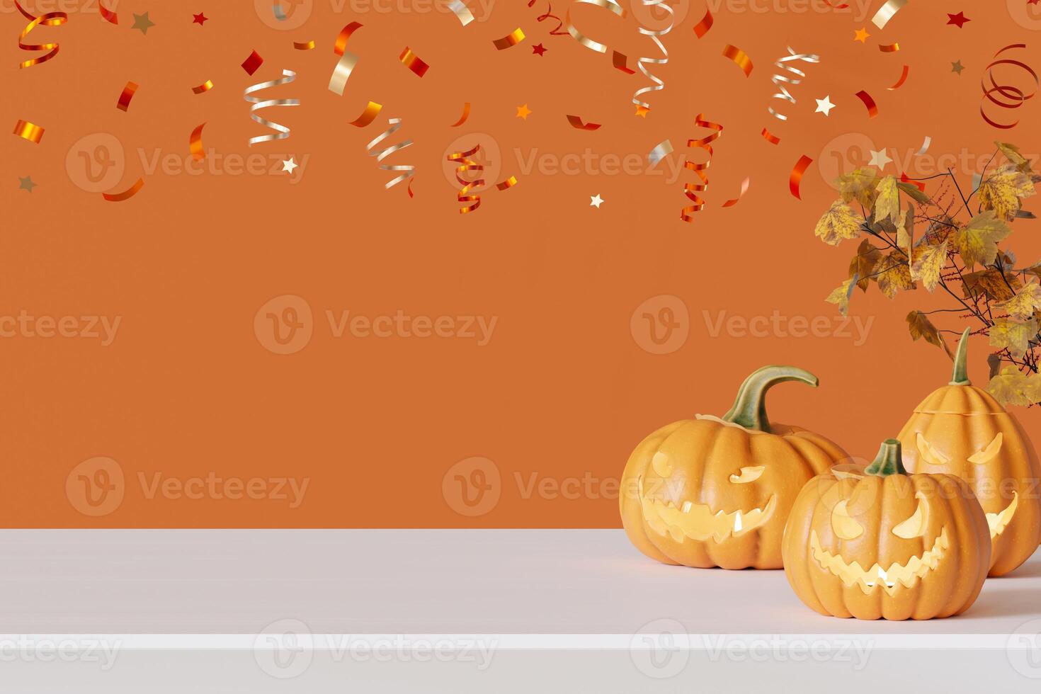 White tabletop with empty space for product display, pumpkins and confetti, on warm orange background. Halloween theme. Mock up for product presentation, merchandise. Table front view. 3D render. photo