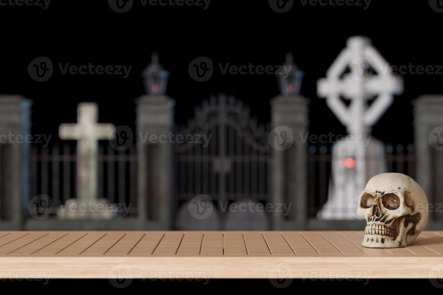 Dark, atmospheric Halloween-themed image with skull on wooden tabletop in the foreground, with blurred crosses and a spooky graveyard gate in the background, perfect for seasonal product displays. 3D. photo