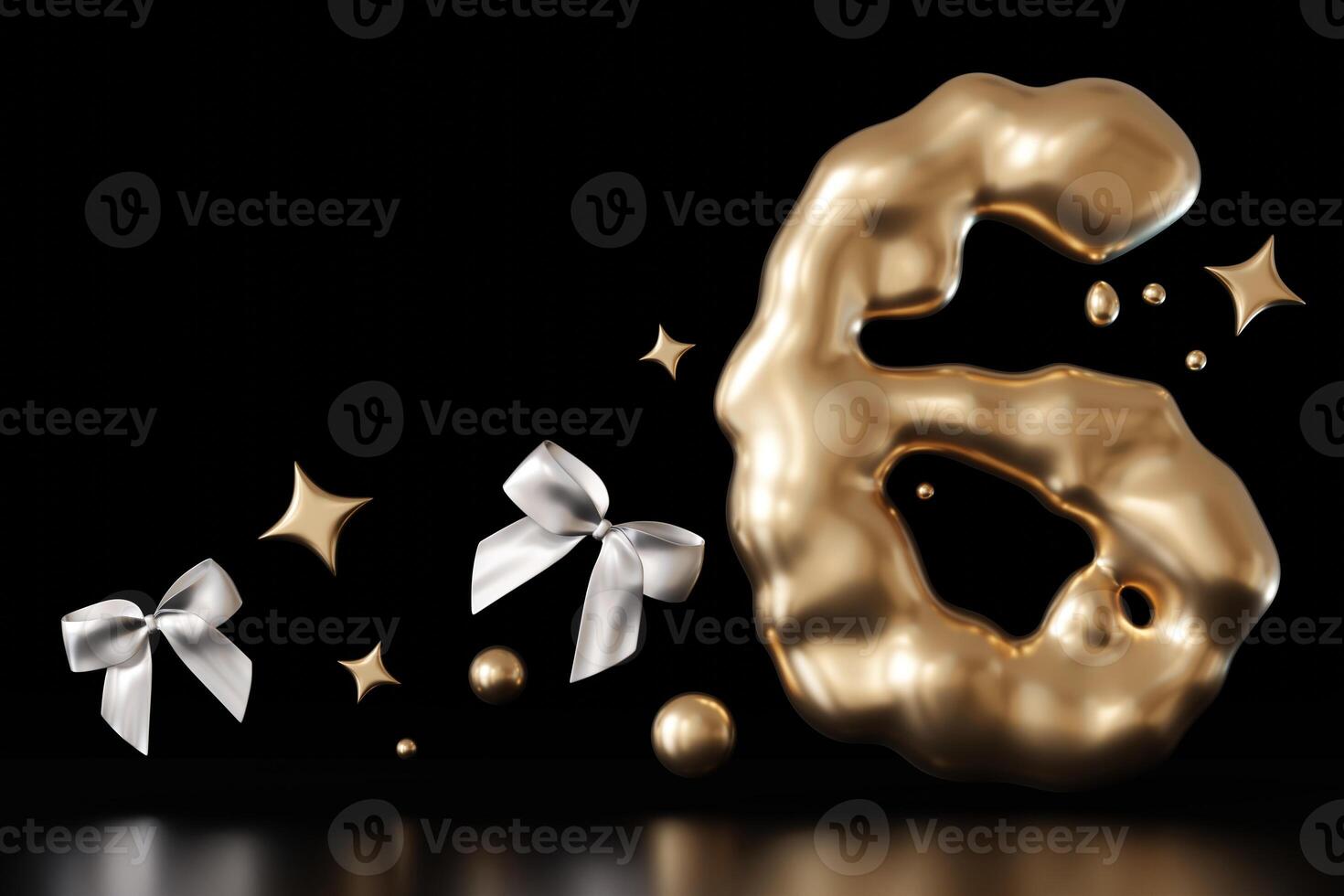 Golden liquid number 6 with bows and stars on black background. Elegant fluid, luxurious metallic surface. Numeral six. Flowing molten gold. Sixth birthday, business anniversary. Copy space. 3D. photo