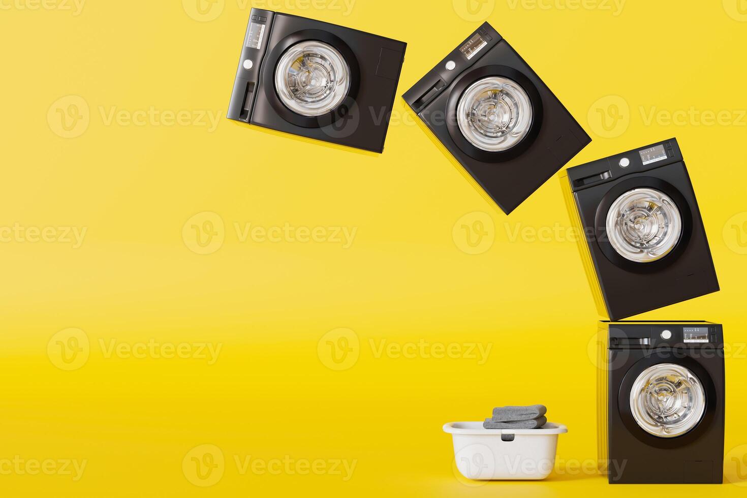 Washing machines levitation, public laundry concept. Yellow background, copy space for text. Commercial cleaning service. Laundromat. Shared amenities. Self-service, coin laundry, or coin wash. 3D photo