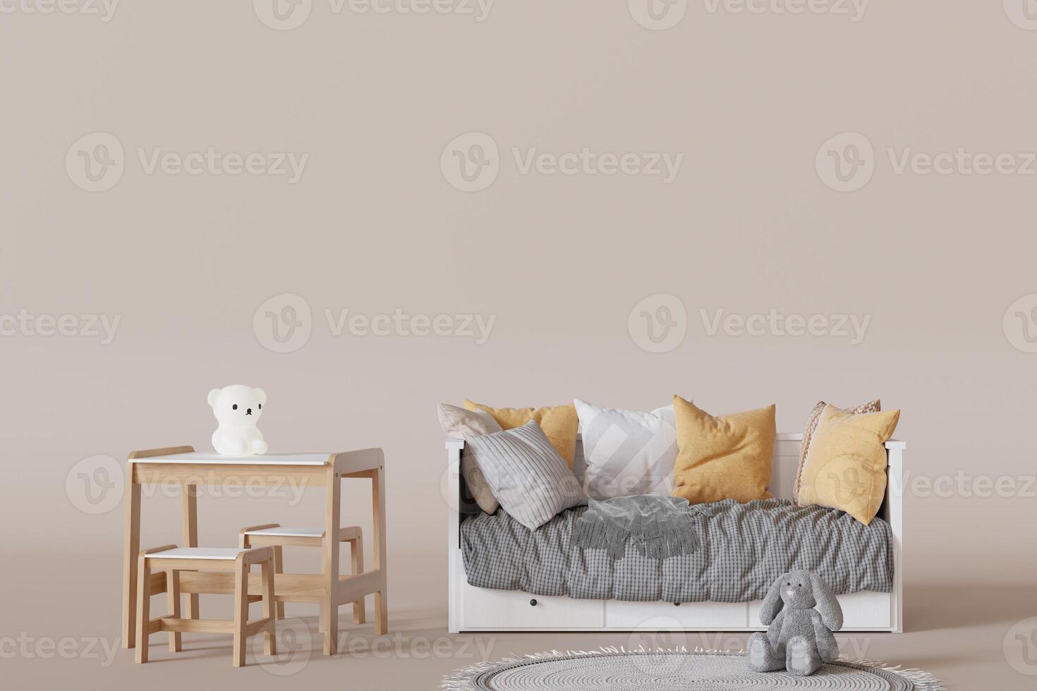 White toddler bed with soft, colorful pillows, wooden table and chairs set, cute stuffed toys set against neutral backdrop. Kids furniture store concept. Children room interior design. Copy space. 3D. photo