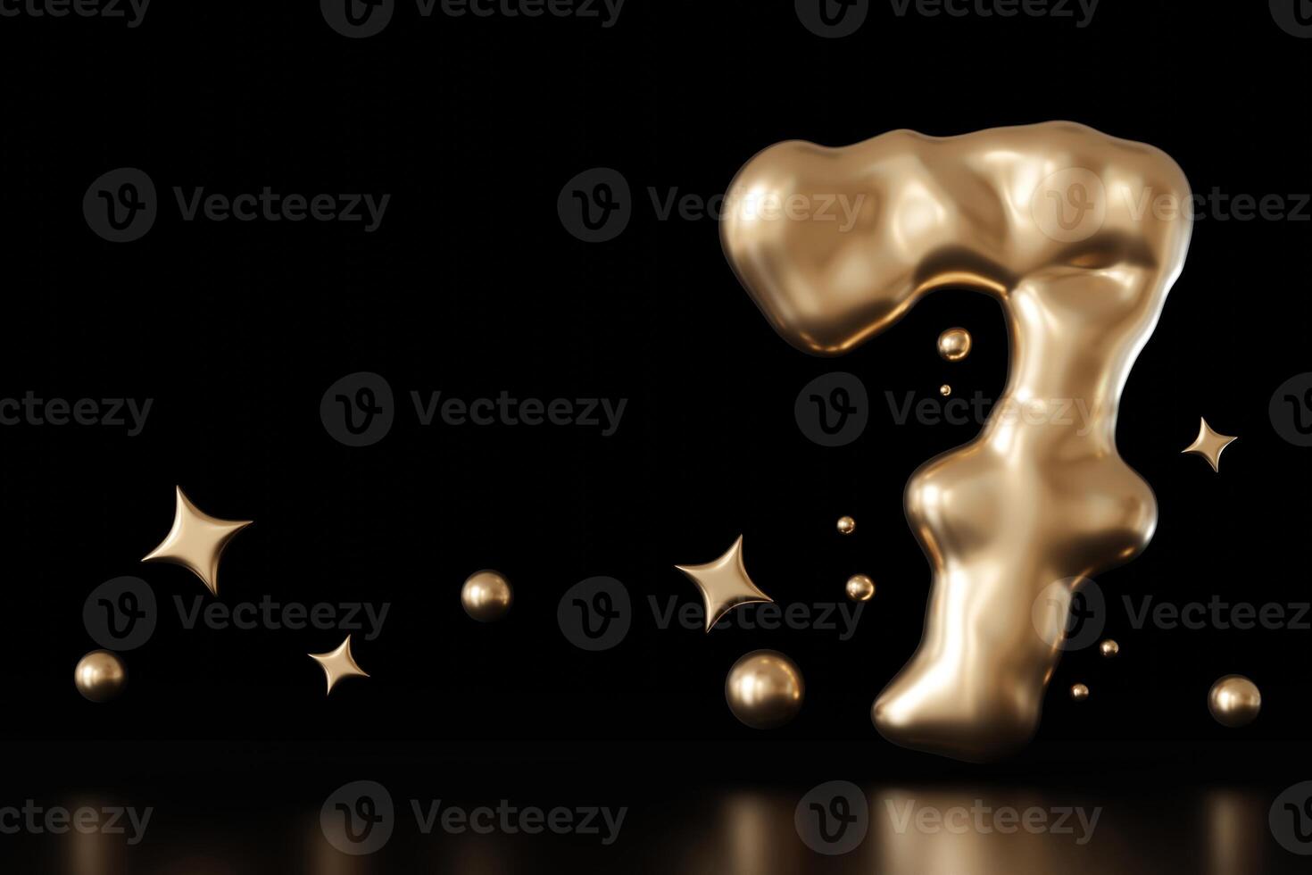 Golden liquid number 7 with droplets and stars on black background. Elegant fluid, luxurious metallic surface. Numeral seven. Flowing molten gold. Seventh birthday, business anniversary. 3D. photo