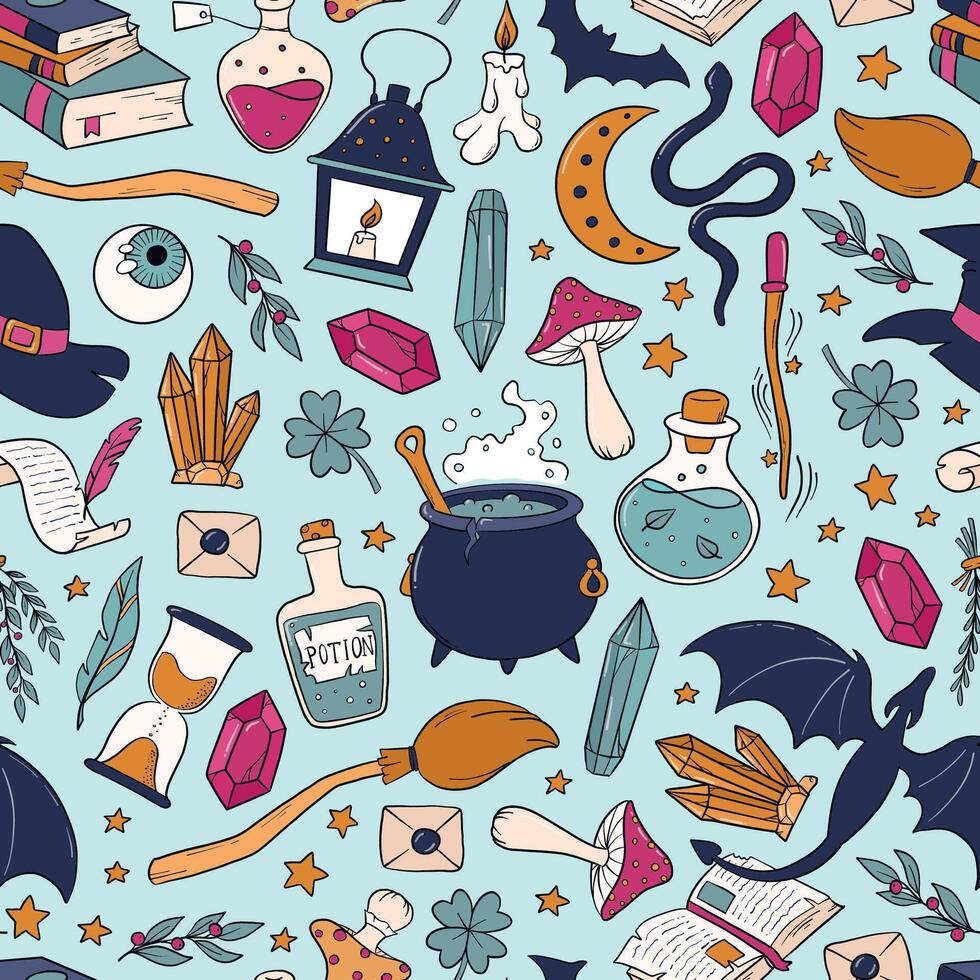 Halloween doodles seamless pattern, witchcraft elements, potions, cauldrons, mushrooms, crystals pattern for textile pritns, wallpaper, wrapping paper, scrapbooking, stationary, covers, backgrounds vector
