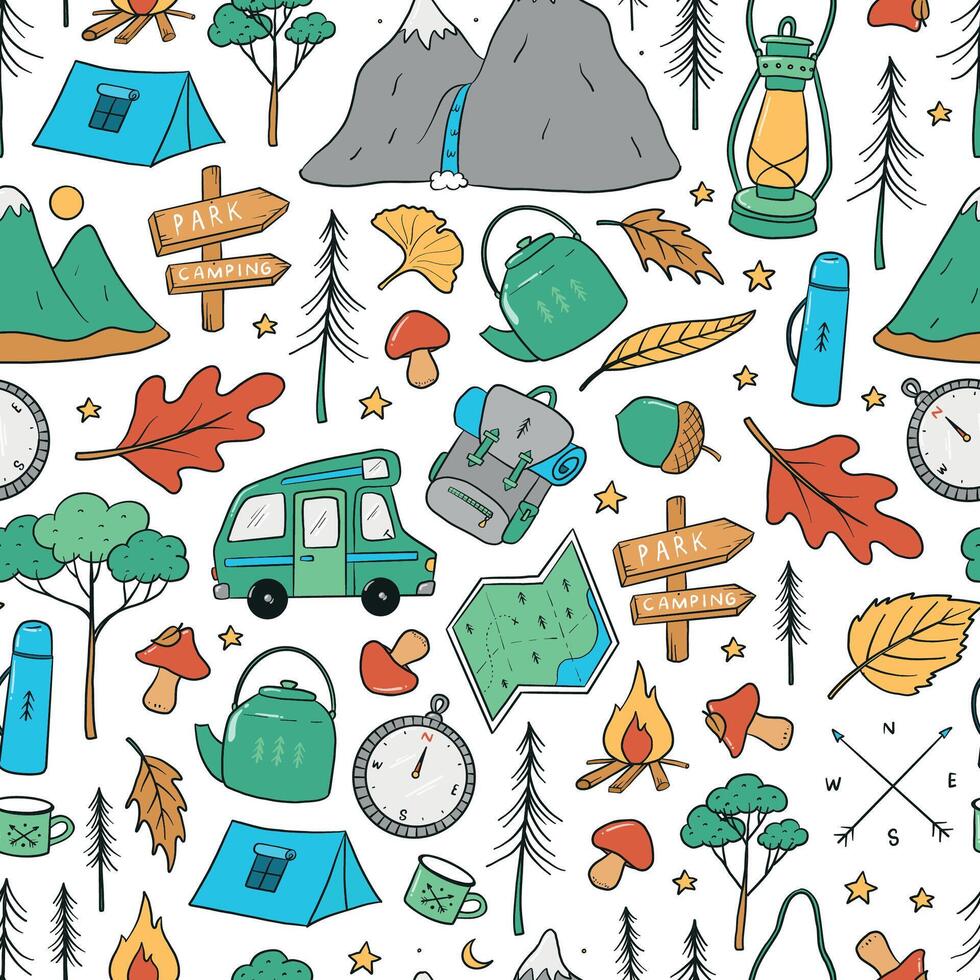 camping elements seamless pattern, camping doodles print for textile, wallpaper, wrapping paper, scrapbooking, stationary, packaging, backgrounds, etc. EPS 10 vector