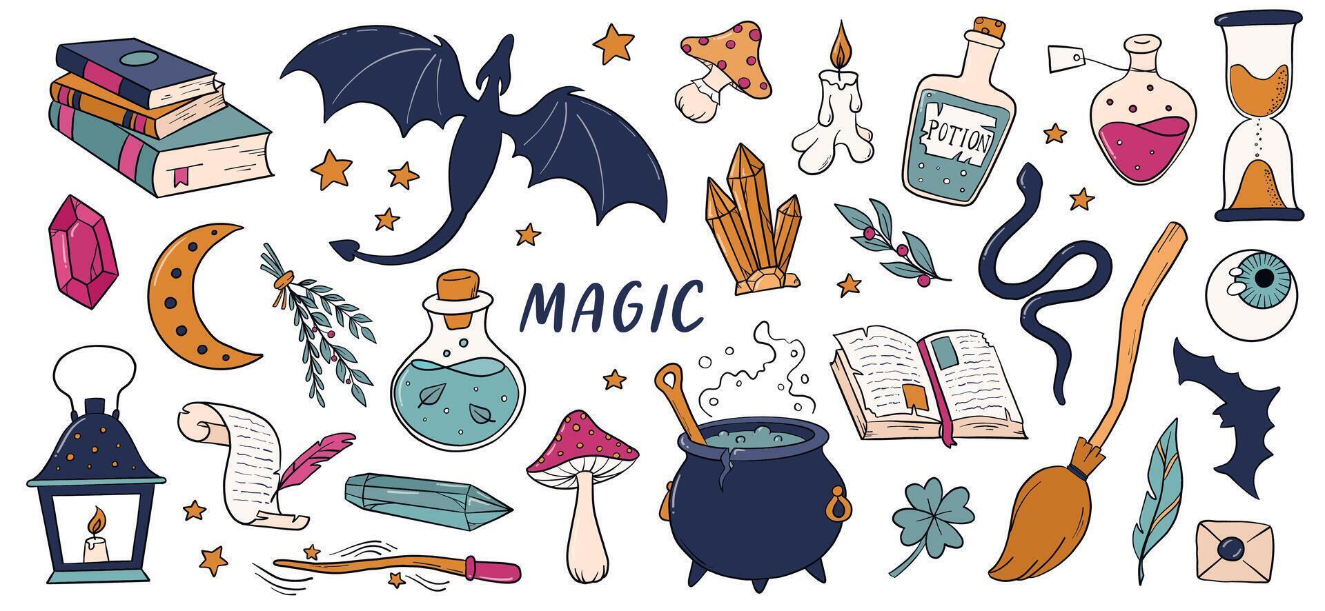 Halloween hand drawn elements, clipart, stickers, objects for prints, posters, planners, cards, social media decor vector