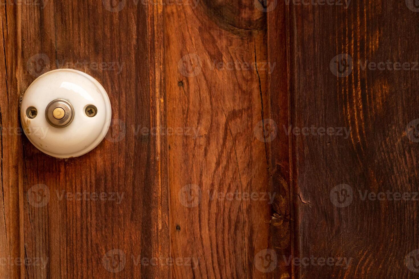 Old fashioned traditional style rustic doorbell button on a wooden door photo