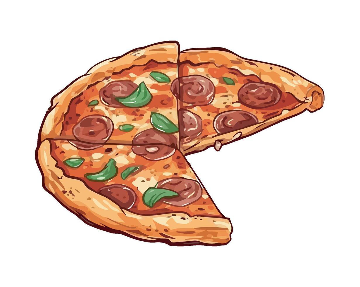A pizza with pepperoni and basil leaves on it vector