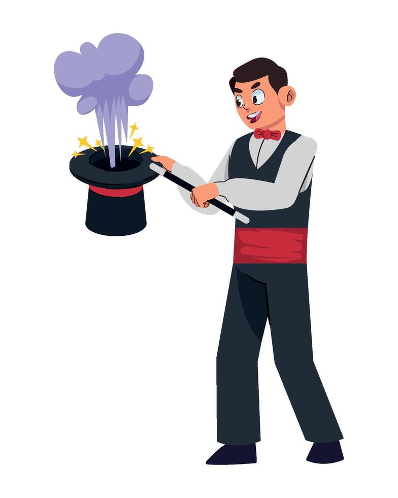 Magician with hat and wand, cartoon illustration vector
