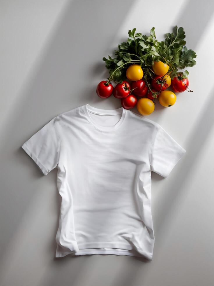 White t - shirt with tomatoes and peppers on a white surface photo