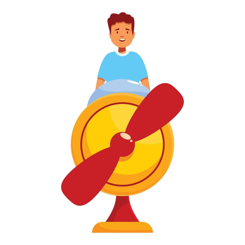 Boy sitting on a giant vintage desk fan enjoying fresh air vector