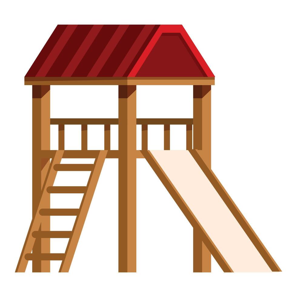 Wooden playground slide structure with red roof for children fun vector