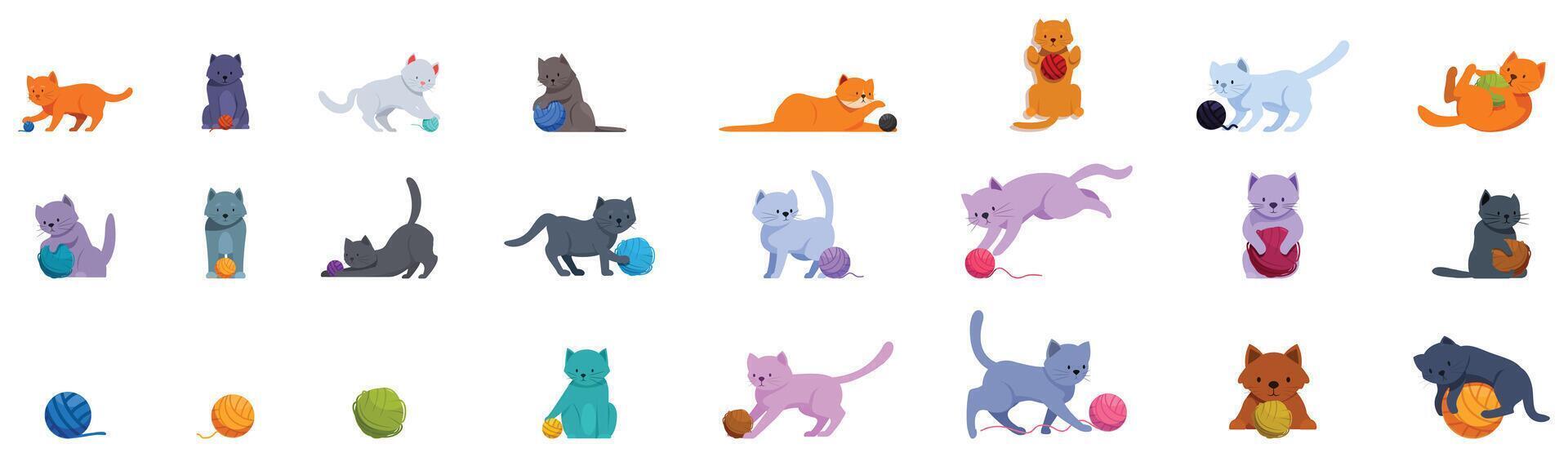 Cat playing yarn ball icons set. Adorable cats playing with yarn balls set of cartoon vector illustrations