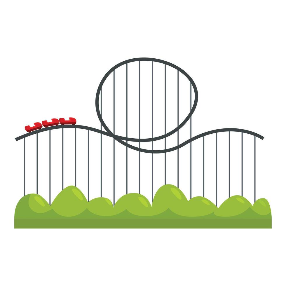 Red roller coaster cars going through loop on green grass amusement park ride vector