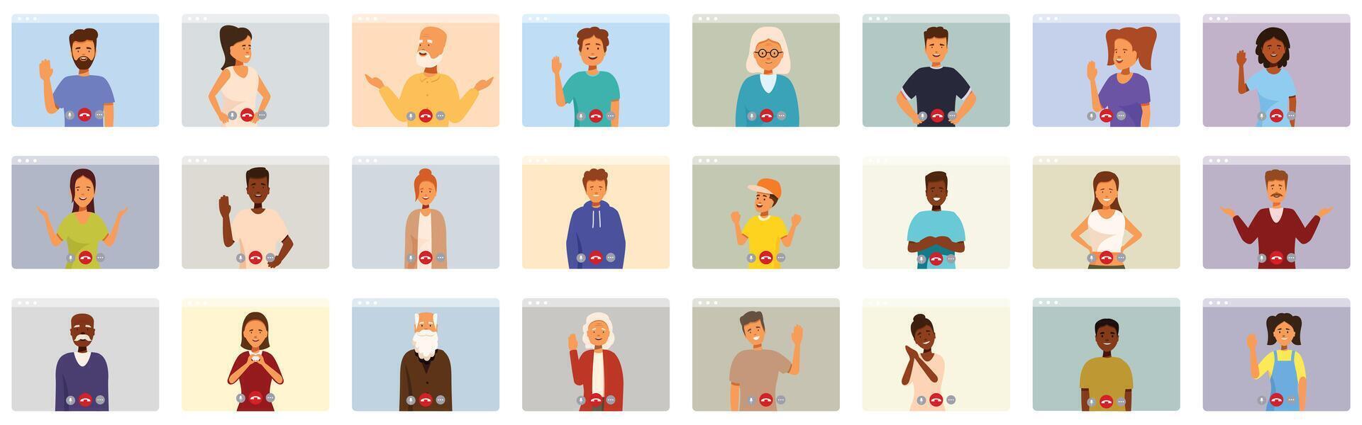 Communicates remotely family icons set. Diverse people having video conference call using computer web camera app vector