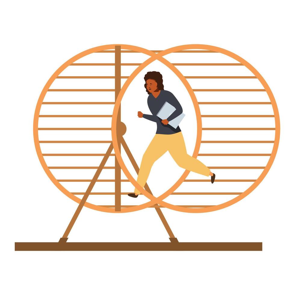 Businesswoman running in hamster wheel feeling tired and stressed from routine work vector