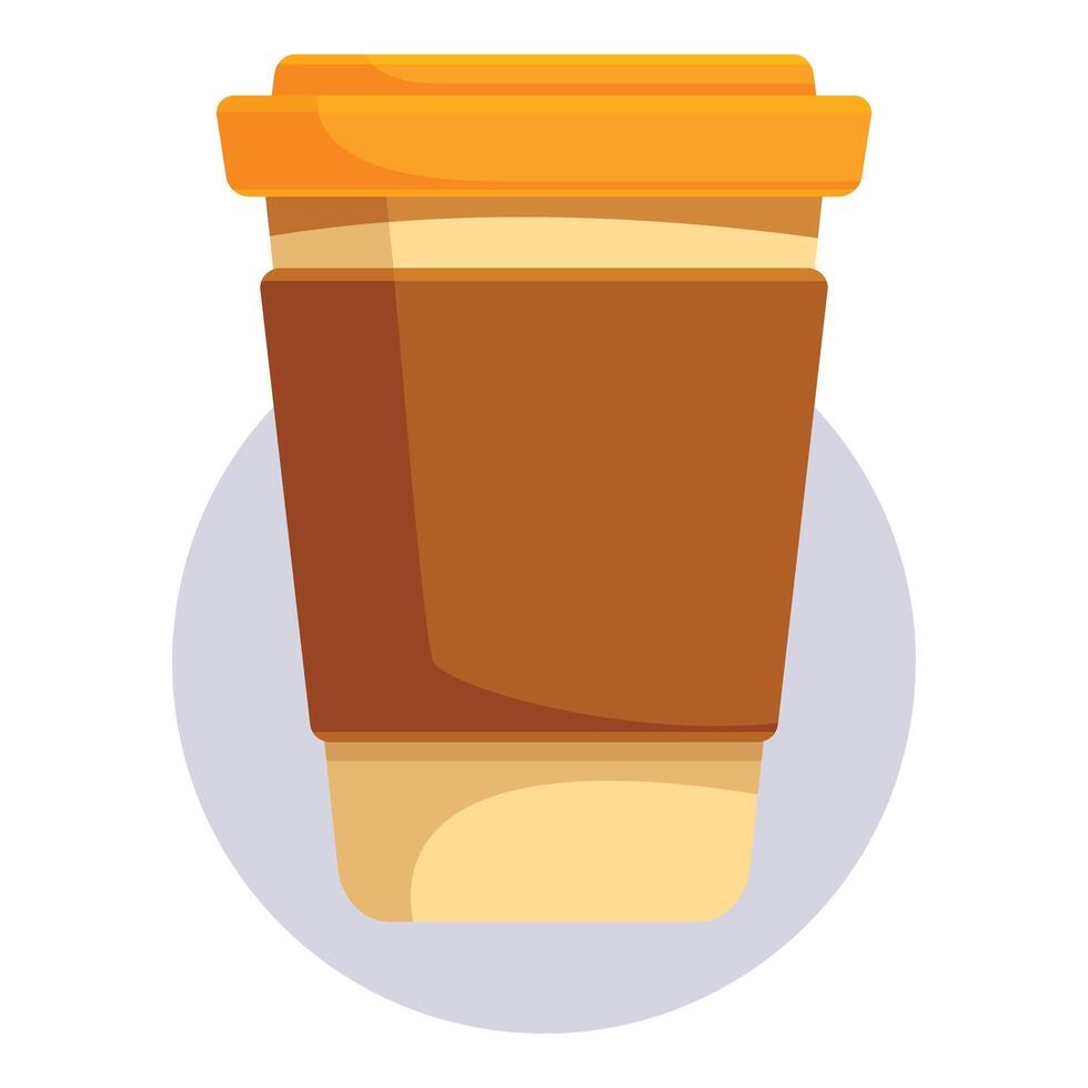 Cardboard coffee cup with orange lid and sleeve standing on gray circle vector