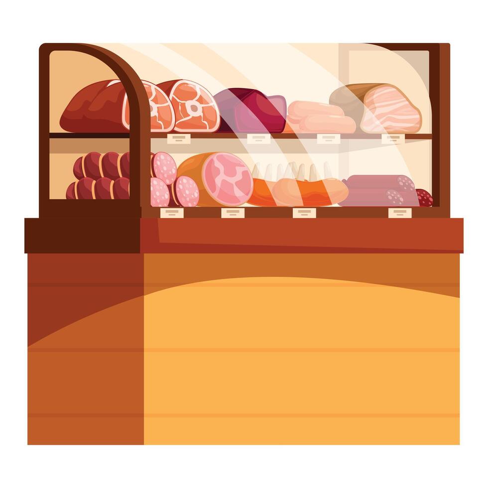 Display refrigerator showing fresh meat products for sale in butcher shop vector